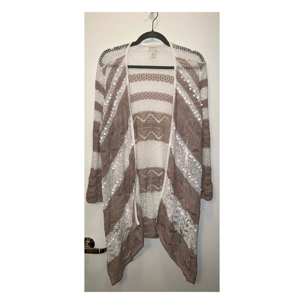 Chico’s Crochet Striped Cardigan with Sequins